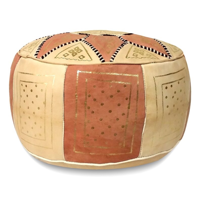 Carnuel 18" Wide Genuine Leather Round Ikat Pouf Ottoman - Image 0