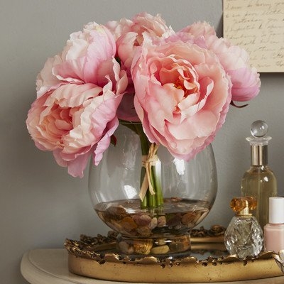 Peonies in a Glass Vase with River Rocks and Faux Water - Image 0