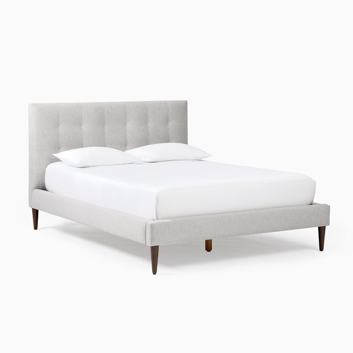 Grid-Tufted Upholstered Tapered Leg Bed, Queen, Stone Twill, Standard Headboard - Image 1