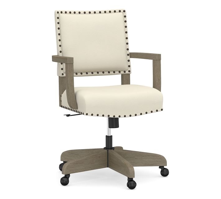 Manchester Upholstered Swivel Desk Chair, Graywash Frame, Park Weave Ivory fabric - Image 0