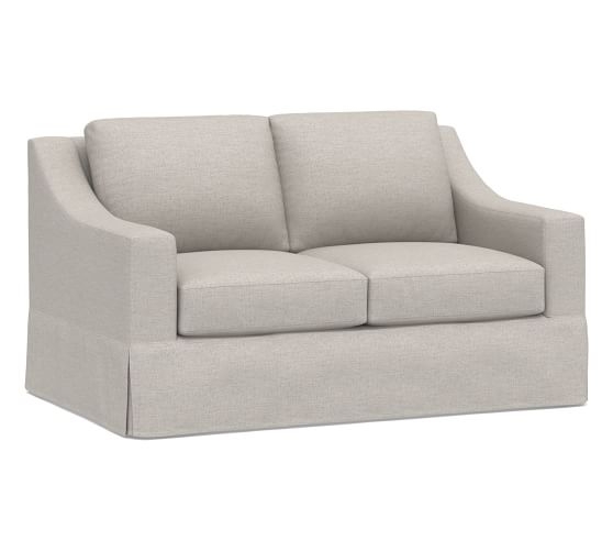York Slope Slipcovered Loveseat 60", Down Blend Wrapped Cushions, Heathered Twill Stone - Image 0
