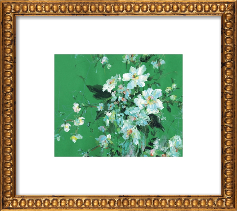 Arrangement in Green and White - 10" x 12" - Ornate Gold Crackle Bead Wood Frame - With Matte - Image 0