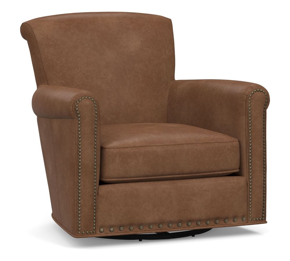 Irving Roll Arm Leather Swivel Armchair, Polyester Wrapped Cushions, Statesville Toffee - Image 0