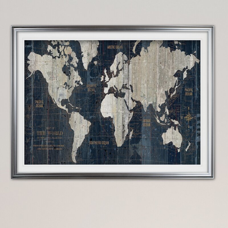 'OLD WORLD MAP' Framed Acrylic Painting Print, Silver, 30" H x 40" W x 1.5" D - Image 0