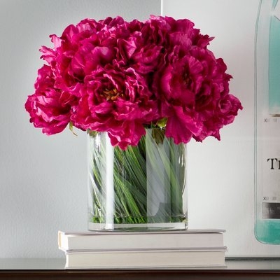 Magenta Peony Floral Arrangement in Acrylic Water Glass Vase - Image 0