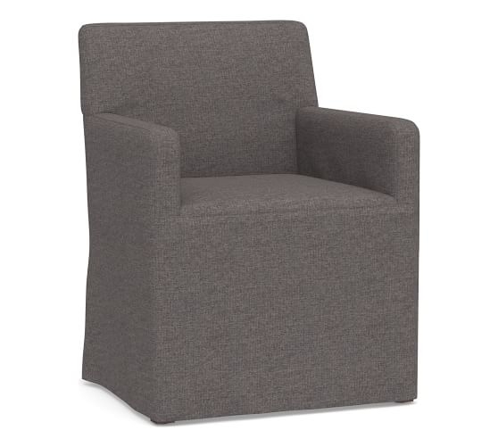 PB Classic Square Arm Slipcovered Long Dining Armchair, Gray Wash Frame, Brushed Crossweave Charcoal - Image 0