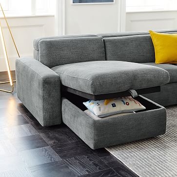 Enzo Sectional Set 34: 8" Arm + 30" Single With Power + 30" Single Without Power + Storage Chaise + 8" Arm, Poly, Twill, Stone, Concealed Supports - Image 5