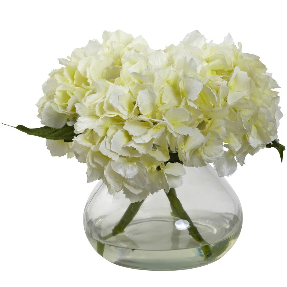 Blooming Hydrangea with Clear Vase, White - Image 0
