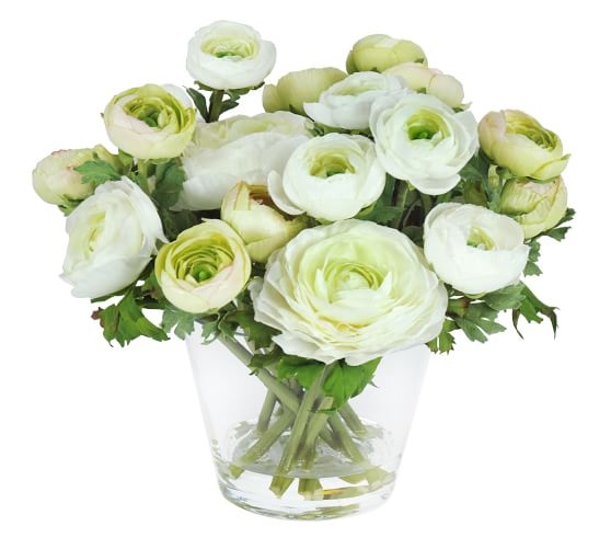 Faux Ranunculus in Glass Vase, White/Green - Image 0