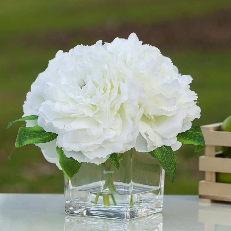 Silk Peonies Floral Arrangements in Vase - Cream - Image 1
