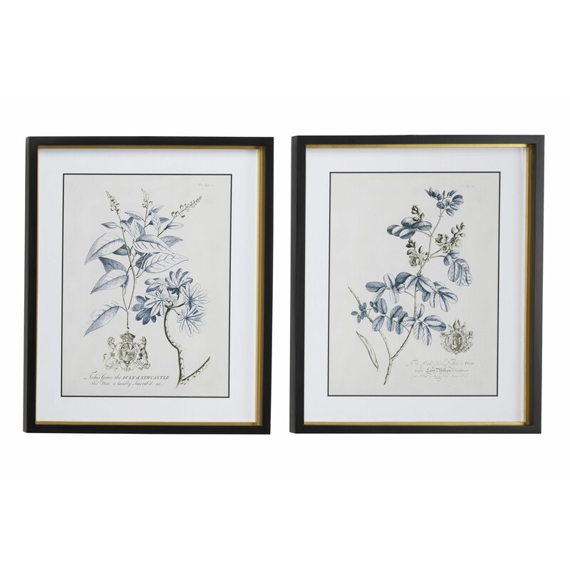 Large Rectangular Blue Vintage Flower Illustrations Framed Wall Art | Set of 2: 20” x 24” Each - Image 0