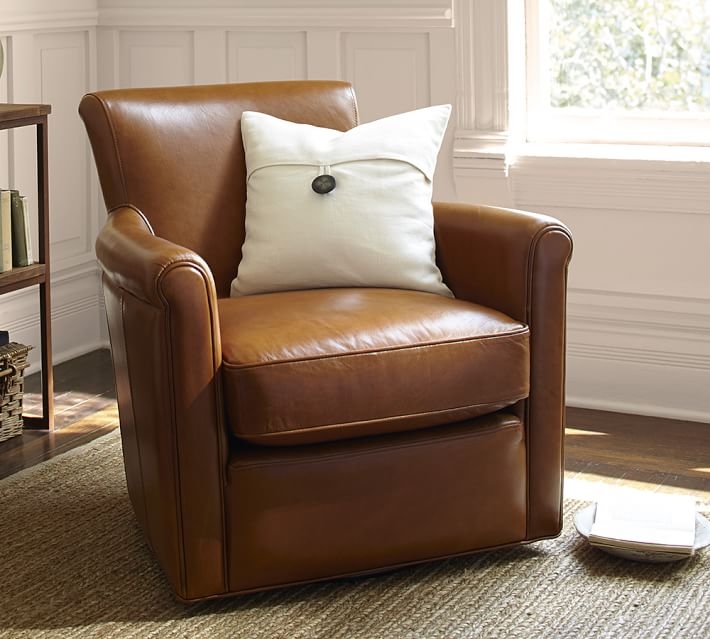 Irving Roll Arm Leather Swivel Armchair, Polyester Wrapped Cushions, Vintage Caramel - Image 1