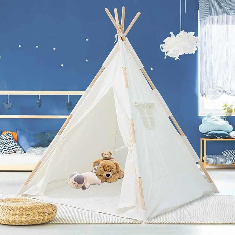 Kids Teepee Tent - Portable Kids Play Tent,Pure Cotton Children Foldable Tent With Mat,Kids Playhouse , Great For Girls/Boys Indoor & Outdoor Playing (No Windows),White - Image 1