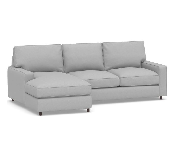 PB Comfort Square Arm Upholstered Right Arm Loveseat with Chaise Sectional, Box Edge, Memory Foam Cushions, Brushed Crossweave Light Gray - Image 0