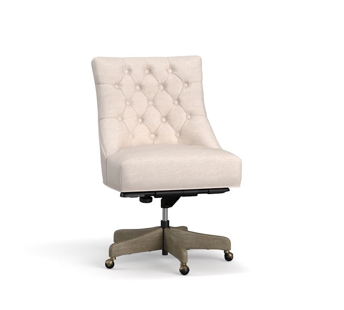 Hayes Upholstered Tufted Swivel Desk Chair with Belgian Gray Frame, Basketweave Slub Oatmeal - Image 0