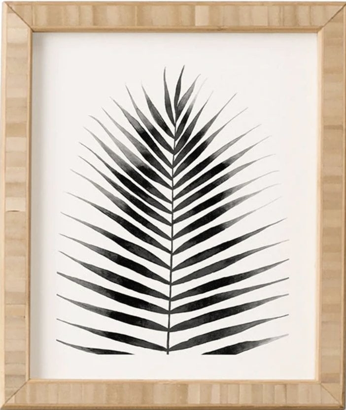 Palm Leaf Watercolor Black And White by Kris Kivu - Framed Wall Art Bamboo 14" x 16.5" - Image 0