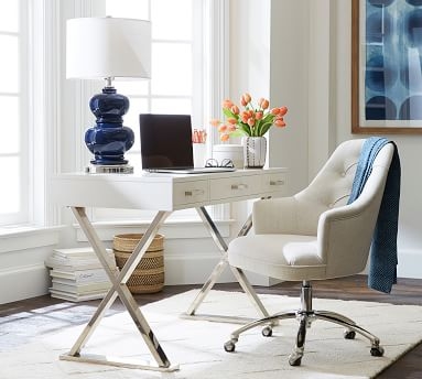 Everett Upholstered Desk Chair, Polished Nickel Swivel Base, Performance Heathered Tweed Pebble - Image 1