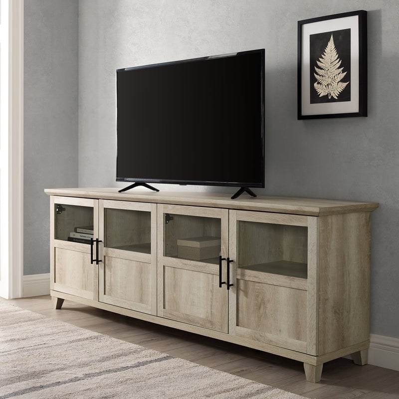 Goodwin 70" TV Console with Glass and Wood 4 Panel Doors - White Oak - Image 0