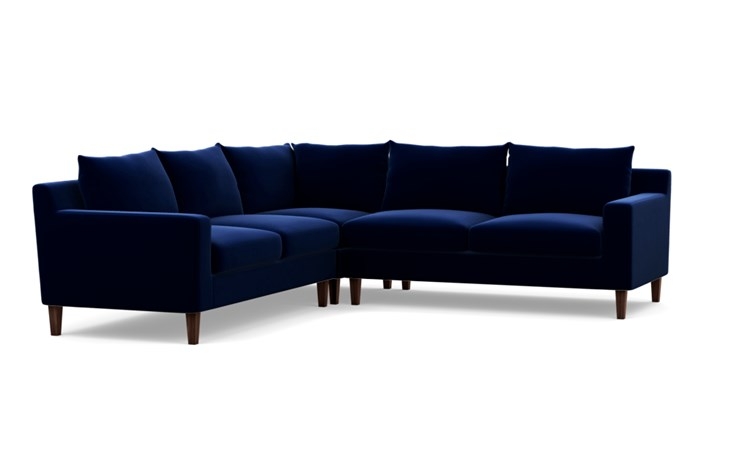 Sloan corner sectional sofa - Bergen Blue Mod Velvet - Oiled Walnut Tapered Square Wood legs - 101" - standard cushions - standard fill - Image 1