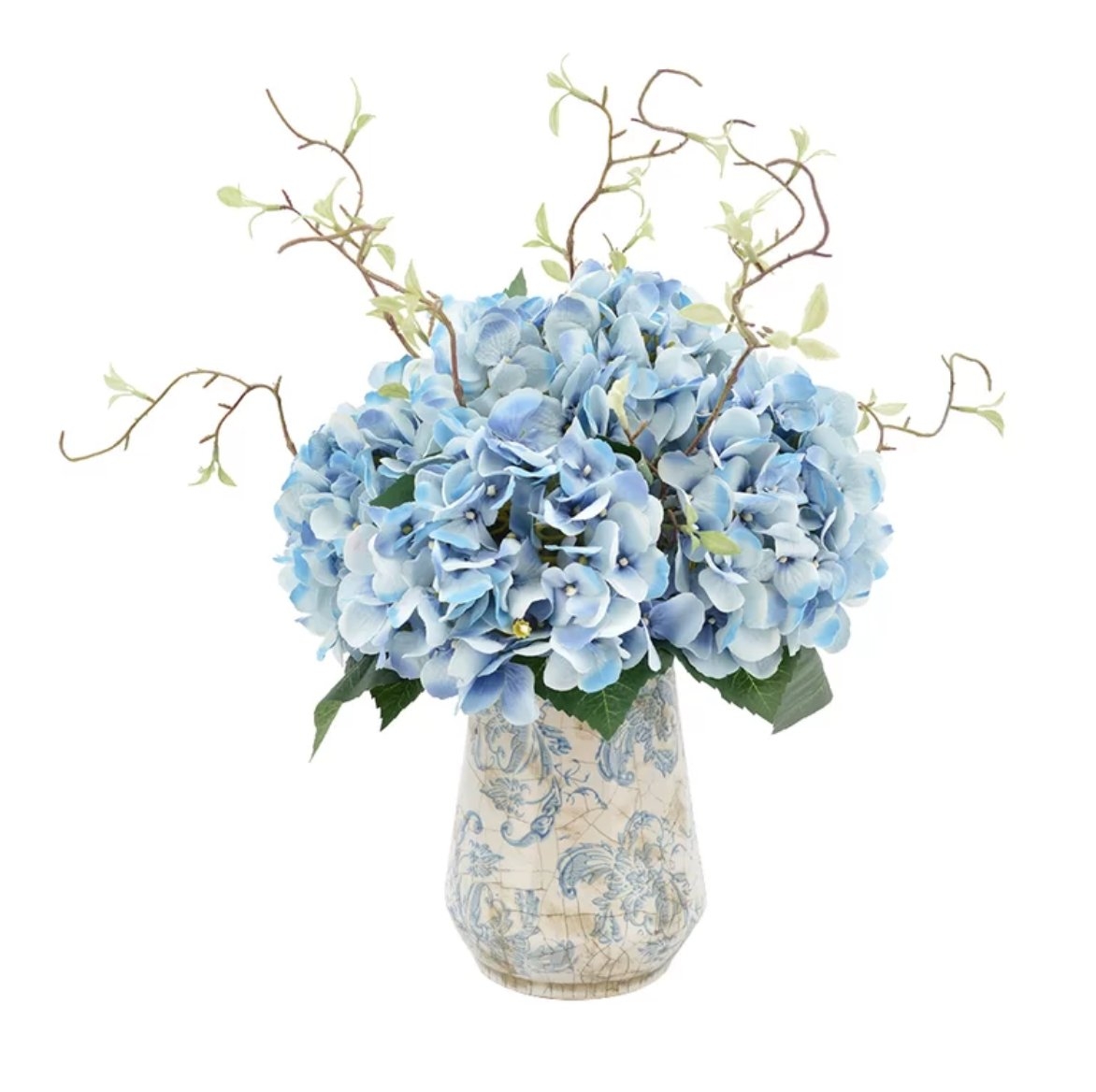Hydrangea Floral Arrangements with Vines in Rustic Vase - Image 0