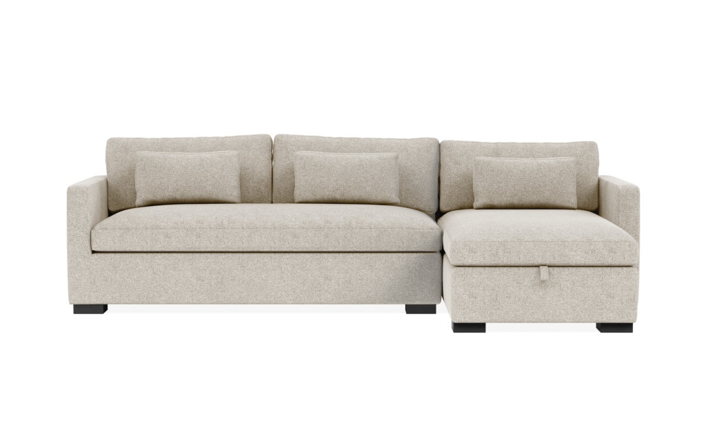 Charly Storage Sectional with Beige Opal Fabric, down alternative cushions, extended chaise, and Painted Black legs - Image 0