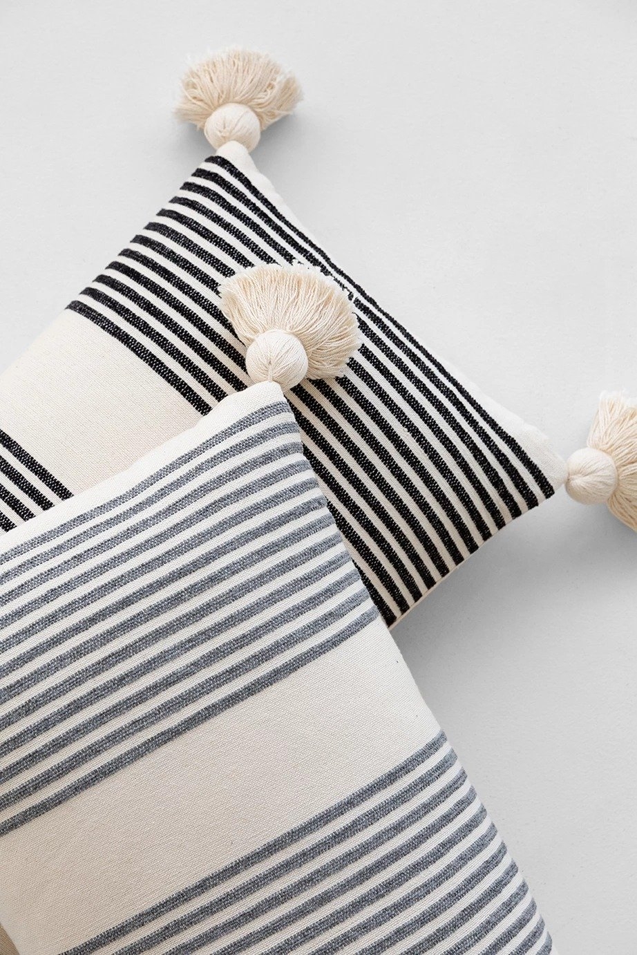 Cream Cotton & Chenille Pillow with Vertical Grey Stripes, Tassels & Solid Cream Back - Image 4