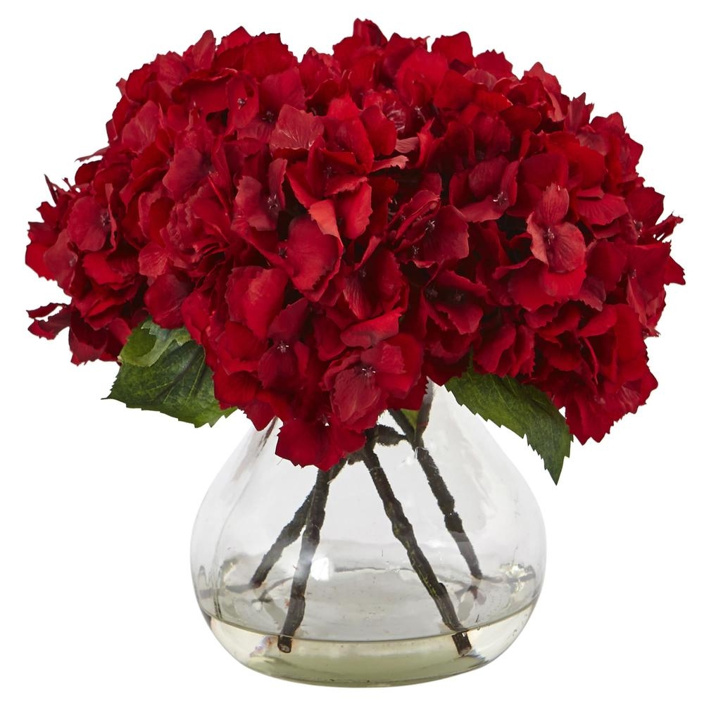 8.5" Artificial Red Hydrangea with Vase Silk Flower Arrangement - Image 0