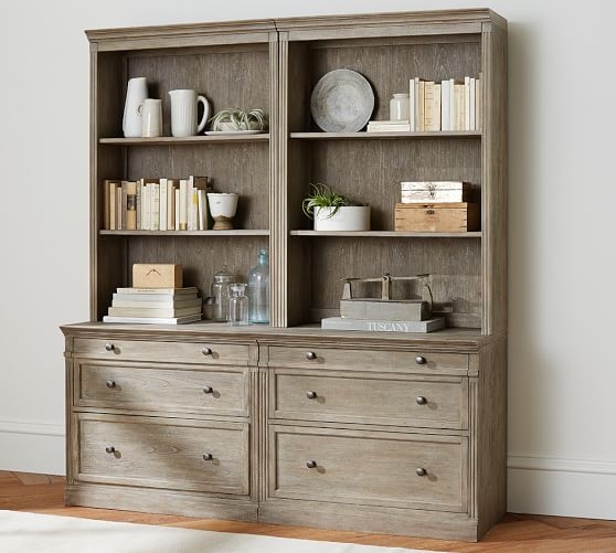 Livingston Double Bookcase With File Cabinets, Gray Wash - Image 1
