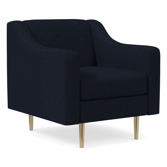 Olive Standard Back Swoop Arm Chair, Poly, Twill, Black Indigo, Antique Brass - Image 0