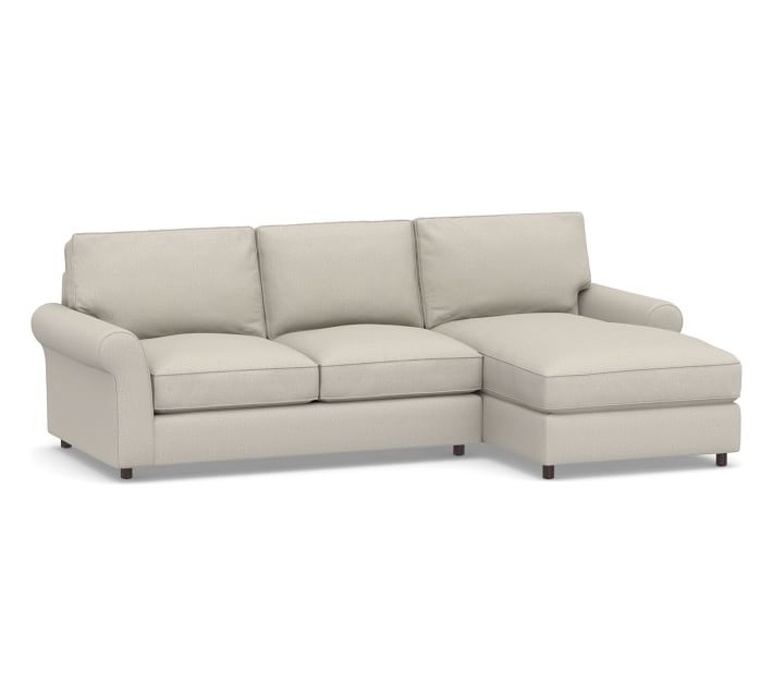 PB Comfort Roll Arm Upholstered Left Arm Loveseat with Wide Chaise Sectional, Box Edge Memory Foam Cushions, Performance Heathered Tweed Pebble - Image 0