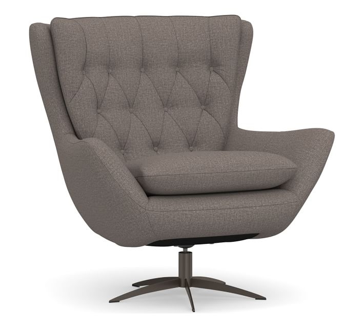 Wells Upholstered Swivel Armchair with Bronze Base, Polyester Wrapped Cushions, Performance Brushed Basketweave Charcoal - Image 0