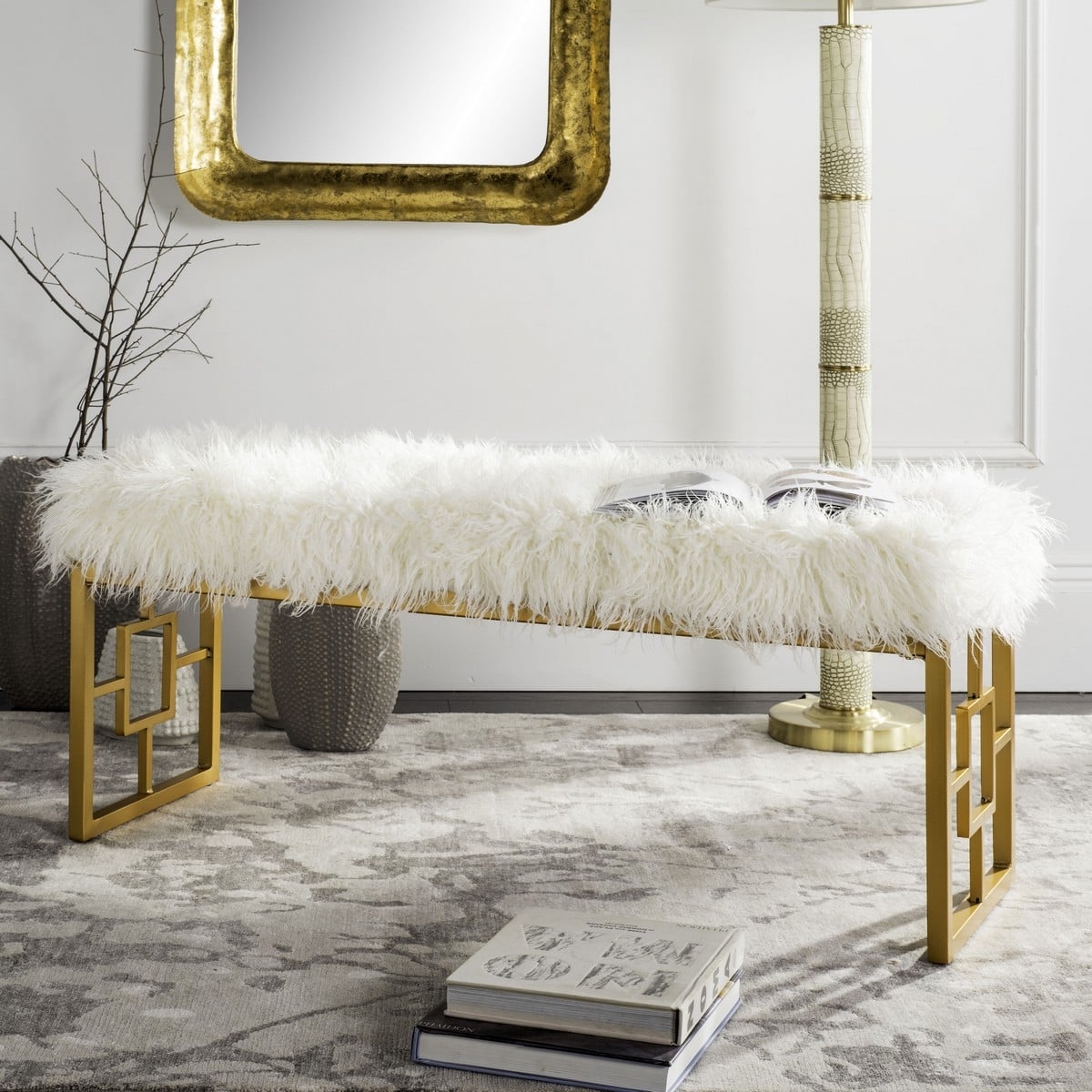 Mera Faux Sheepskin Bench - White - Safavieh - Image 0