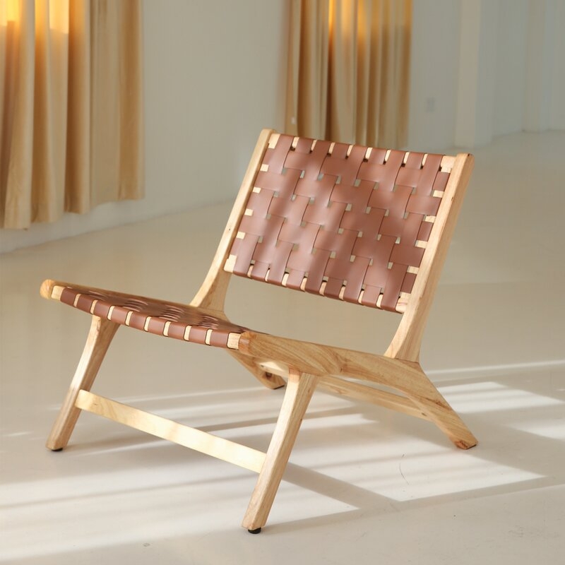 Mid-century Modern Leather Weave Woven Retro Accent Chair Armchair Wooden Lounge Chairs Safari Recliner, For Living Room（set Of 2） - Image 1