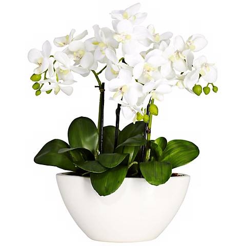 White Phalaenopsis Faux Floral Centerpiece in White Bowl - Image 0