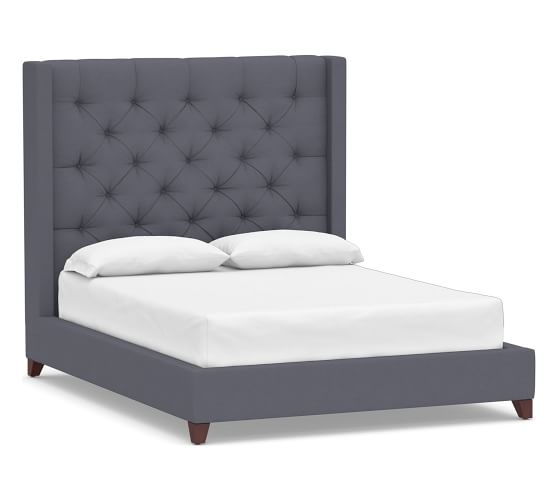 Harper Upholstered Tufted Tall Bed without Nailheads, Queen, Washed Canvas Storm Blue - Image 0
