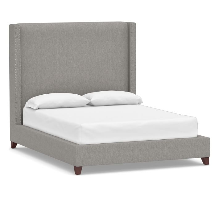 Harper Non-Tufted Upholstered Bed with Pewter Nailheads, California King, Tall Headboard 65"h, Sunbrella(R) Performance Sahara Weave Charcoal - Image 0