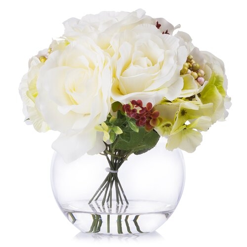 Rose And Hydrangea Silk Flower Arrangement In Round Vase - Image 0