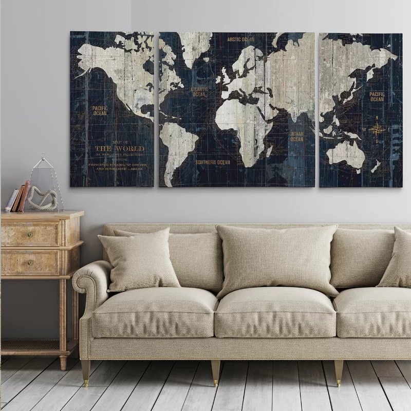 'Old World Map Blue' Framed Graphic Art Print on Wrapped Canvas24" H x 48" W x 2" D - Image 0