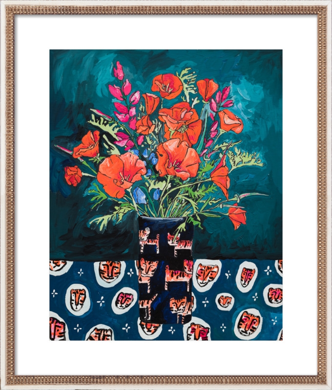 California Poppies and Lupine in Tiger Vase on Emerald Green - Image 0