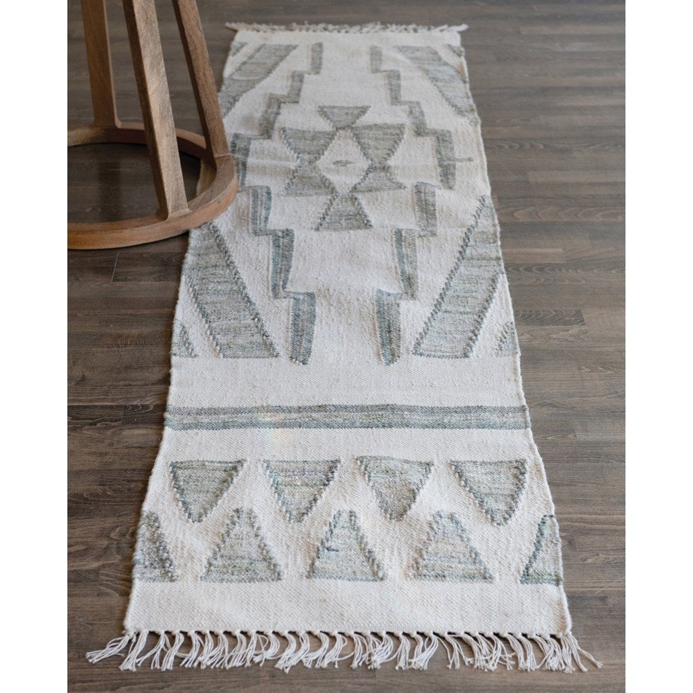 Hand-Woven Cotton & Wool Kilim Floor Runner, Variegated Green & Cream Color - Image 3
