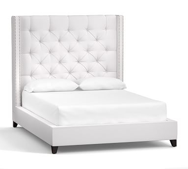 Harper Tufted Upholstered Bed with Bronze Nailheads, King, Tall Headboard65"h, Twill White - Image 1