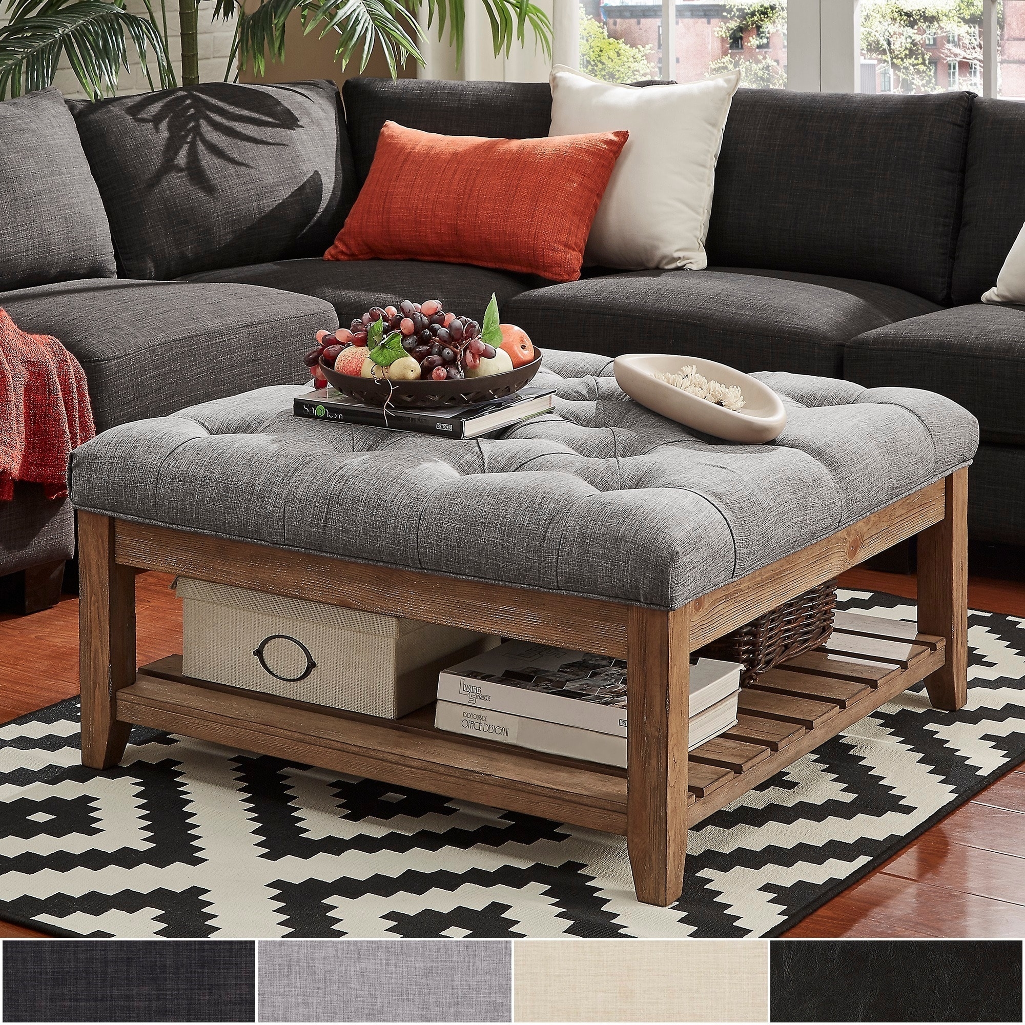 Lennon Pine Planked Storage Ottoman Coffee Table by iNSPIRE Q Artisan - [Grey Linen] - Dimpled Tufts - Image 0