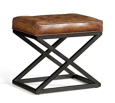 Kirkham Tufted Leather Stool, Rustic Brown Base, Light Brown - Image 1