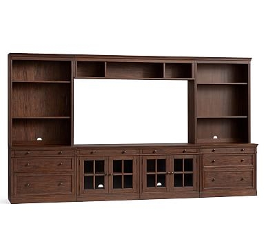 Livingston 7-Piece Entertainment Center with Drawers, Brown Wash, 140" - Image 1