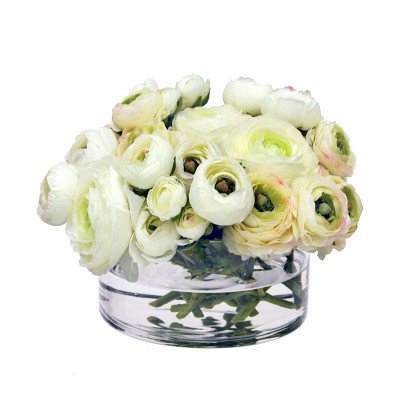 Faux White Ranunculus in Glass Vase - Image 0