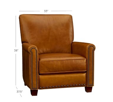 Irving Roll Arm Leather Recliner with Nailheads, Polyester Wrapped Cushions, Statesville Molasses - Image 1