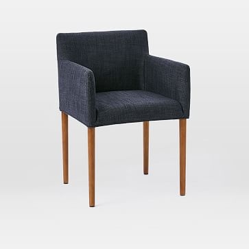 Ellis Upholstered Arm Chair, Yarn Dyed Linen Weave, Indigo, Pecan - Image 1