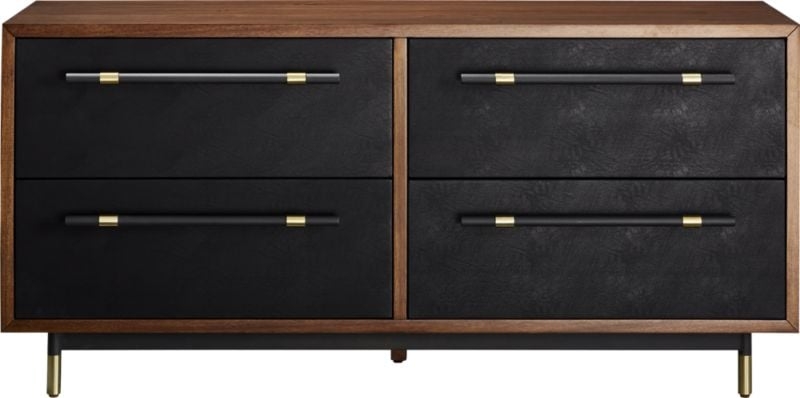 Oberlin 4-Drawer Black Leather and Wood Dresser - Image 0
