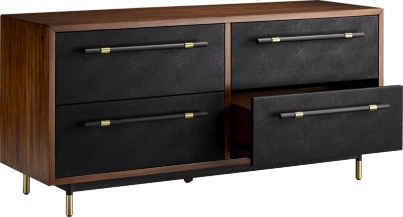 Oberlin 4-Drawer Black Leather and Wood Dresser - Image 3
