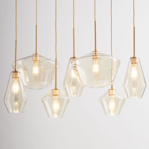 Sculptural Glass 7-Light Linear Geo Chandelier, S-M-L Geo, Champagne Shade, Brass Canopy - Image 0